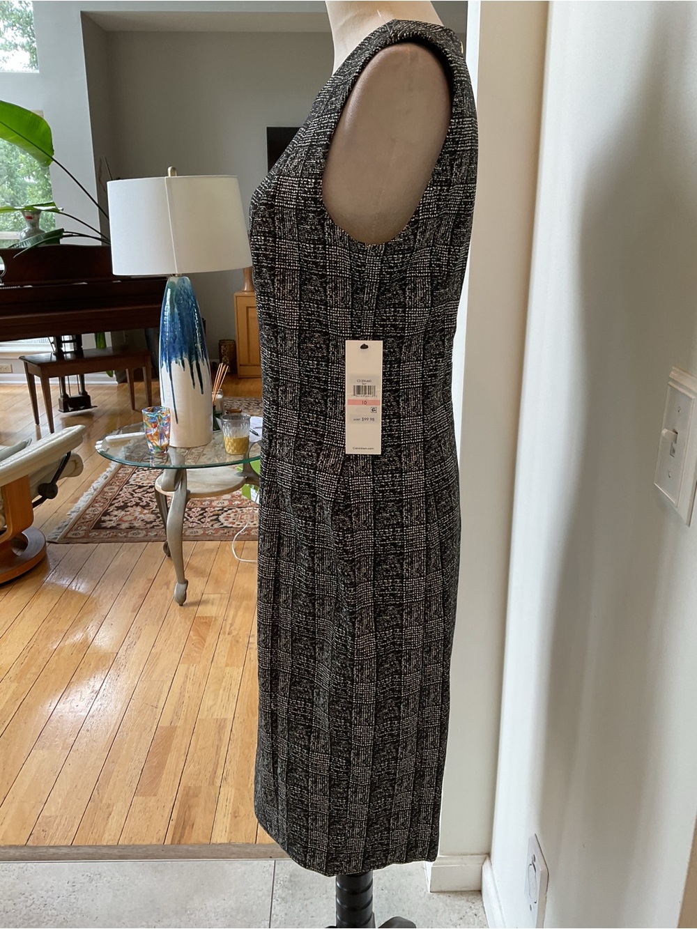 Calvin Klein Sleeveless Gray Plaid Midi Sheath Dress - Picture 4 of 9